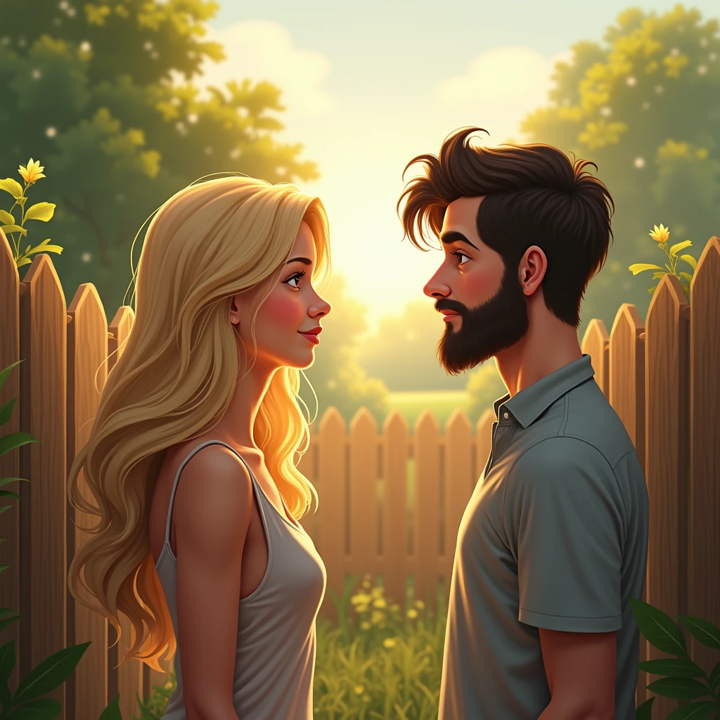 A white woman with blonde, wavy hair, talking to a white man with black hair and a beard. They are talking outside the house, It's sunny and there's a dividing fence between them.