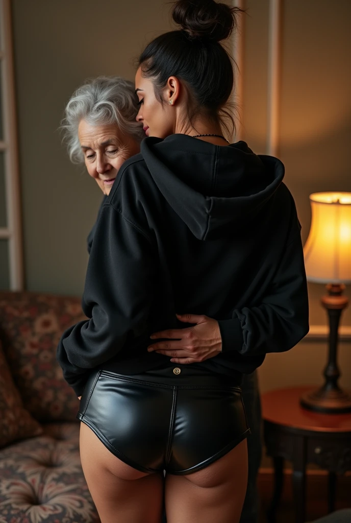 black woman hair in a bun black hoodie black leather short shorts being fucked in the ass by a old grandma in a dress
