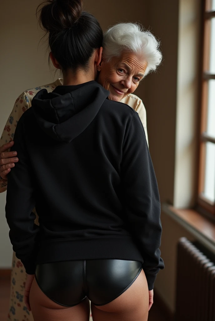 black woman hair in a bun black hoodie black leather short shorts being fucked in the ass by a old grandma in a dress
