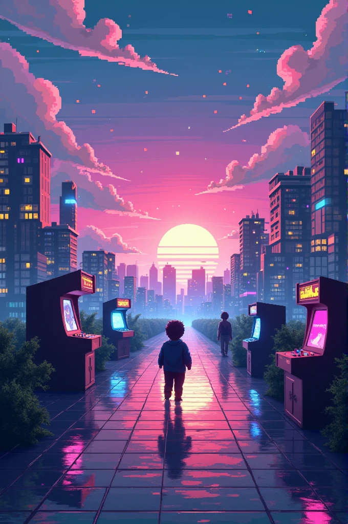 "A visual journey through a pixelated world inspired by the aesthetics of 8- and 16-bit video games. It begins with a sky full of pixelated colors that blend together like a digital aurora borealis.. As the video progresses, the scenario evolves, showing retro futuristic landscapes illuminated by neon lights. The characters, also pixelated, Explore a vibrant city filled with arcade machines and nostalgic memories that come to life around them. The video has a dreamlike and ethereal atmosphere, where characters navigate between digital memories and magical moments, culminating in a final scene that suggests a dilemma between staying in this pixelated dream world or waking up. Everything is enveloped in a soft light of vibrant colors, Capturing the essence of a nostalgic and melancholic dream."