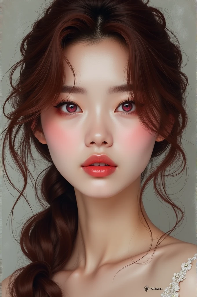 Kim Ji Won , with pink eyes and dark red hair 
