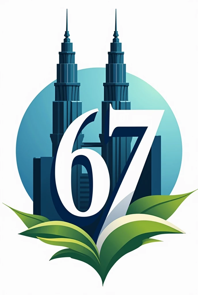Create a graphic design of the number '67' that creatively integrates the iconic Petronas Twin Towers, symbolizing Malaysia. The number should be bold and modern, with the Twin Towers incorporated into the design. The '6' should have one of the towers rising up within its curve, while the '7' can have the second tower, either standing next to it or merging into the design. The towers should maintain their distinctive spire and structure. Use colors that reflect Malaysia, such as blue, green, and white, to evoke a sense of national pride. The overall design should be sleek, contemporary, and symbolic of both the number and the Malaysian landmark."