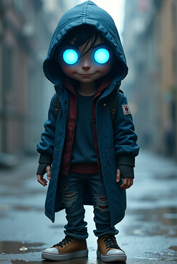 Height and Structure: Vance is short in stature and has a relaxed posture., with a posture that conveys a feeling of indifference.
badass clothing: He wears a dark blue hooded coat, Ripped jeans and sneakers. His eyes are a bright blue that glow when he is using his powers..
Face: His face is usually covered by an unassuming smile, and he has a skull with a calm expression, similar ao de Sans.