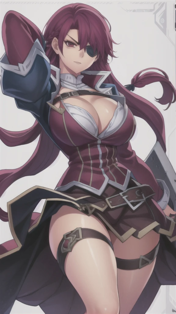 masterpiece,best quality,kim_kwang_hyun, 1girl, Lesley , extremely Long hair, Long braid, crimson hair, eyepatch, chunky, solo, crimson colored  hair, Long braid, large huge breasts, looking at viewer, magenta eyes, deep crimson colored hair, big boson, large huge breasts, long sleeves, dress, cleavage, closed mouth, weapon (( hand edge)), puffy sleeves, arm up, clothing cutout, copyright name, red dress, cleavage cutout, juliet sleeves , power armor, shoulder armor, deep crimson colored hair, Long braid,magenta eyes, eyepatch, angry eyes, evil Smile 