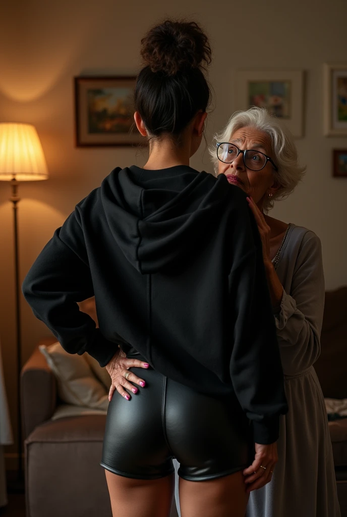 black woman hair in a bun black hoodie black leather short shorts being fucked in the ass by a old grandma in a dress