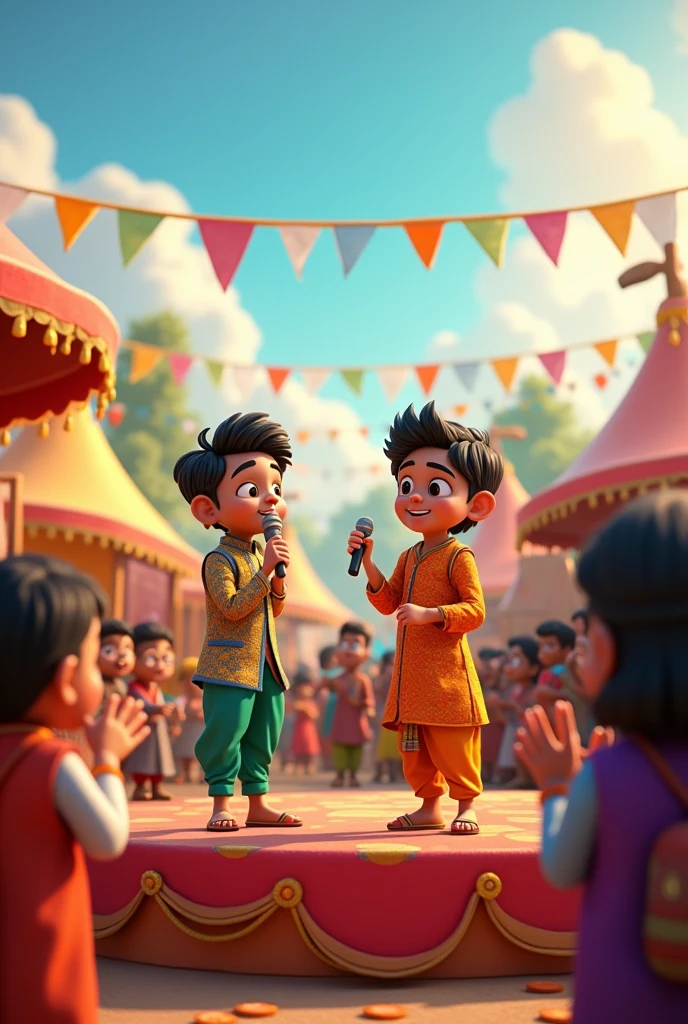 In cinematic 3d cartoon style " A lively village festival with villagers gathered around a stage. Rahul, dressed in traditional attire, is singing passionately into a microphone, while Amit, in the background, is showcasing his artwork on an easel. Both are receiving applause from an appreciative audience."