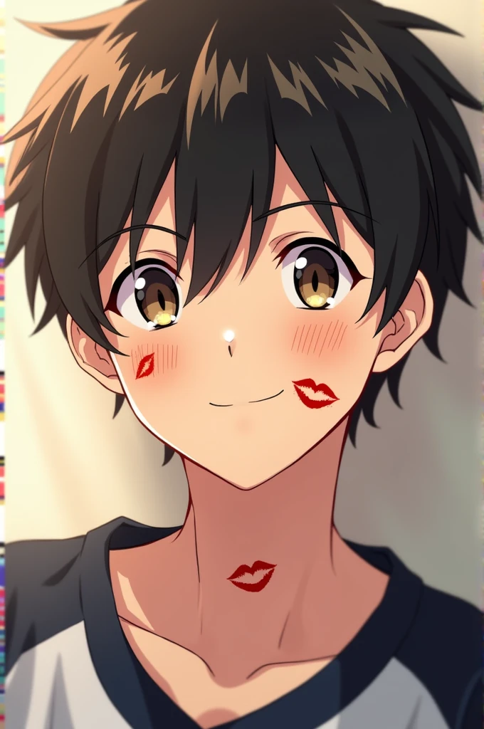 Oikawa with kiss marks on his face anime style