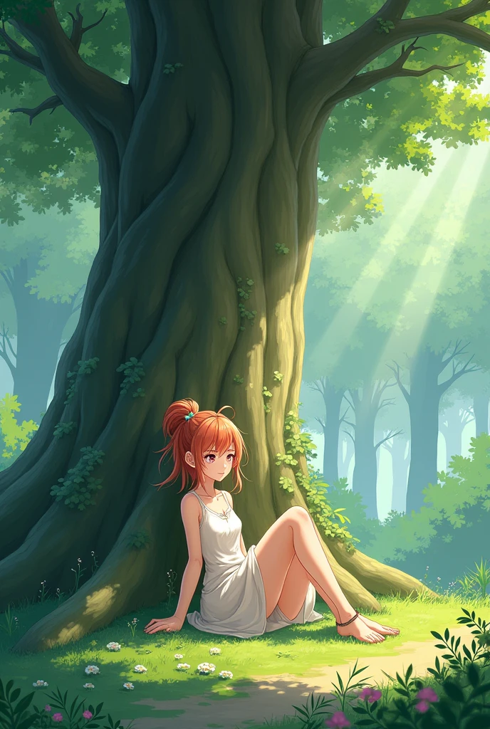 Create an anime character leaning against a tree 