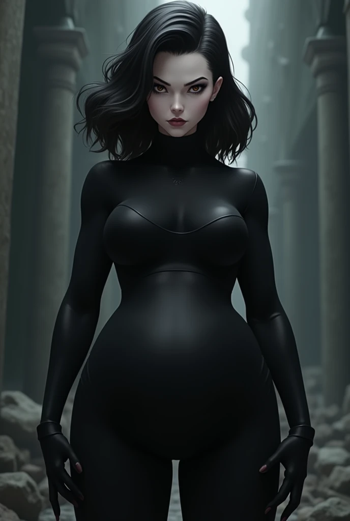 An animated female character with shoulder-length wavy dark hair, black, with an asymmetrical hairstyle that partially covers one side of her face. Very pale skin. His eyes are a deep brown color. She is wearing a black outfit that includes a long, tight-fitting bodysuit., with long sleeves and shorts. The bodysuit has a belt tied at the waist., that fastens in the front. Wear gloves and barefoot, ambas black. Black nails. The posture and facial expression suggest that she is ready for a battle or quick action.. is high, she is an evil villainess, bloated belly, huge belly, biggest belly,