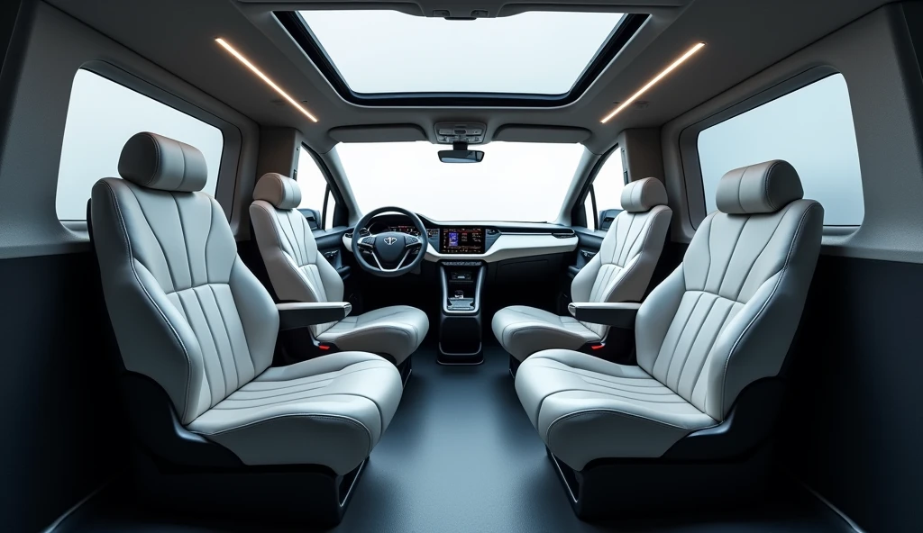 Interior: Give me an interior image of (Toyota Hiace MPV Van mixed with tesla) Cabin, cabin and luxury seats