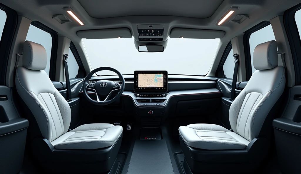 Interior: Give me an interior image of (Toyota Hiace MPV Van mixed with tesla) Cabin, cabin and luxury seats