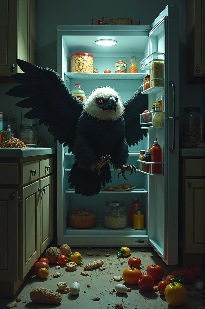 Vulture taking food hidden in the refrigerator