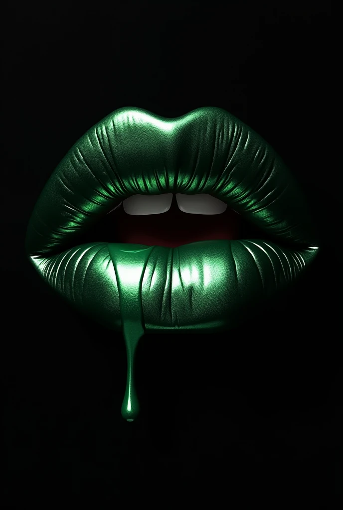 make a giant female closed mouth with shiny metallic dark green lips, It's just the mouth on a black background, There is a lipstick stick of the same color melting the tip in contact with the lower lip is melting and dripping,