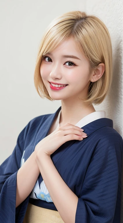 (Highest quality、8k、32K、masterpiece)、(RAW Photos)、(Realisticな)、(High resolution)、Very detailedな、Very beautiful face and eyes、One Girl、Round and small face、Delicate body、(close、Highest quality、Rich skin detail、Highest quality、8k)、Very detailed、(Realistic、Realistic:1.37)、Vibrant colors、(((Laughter)))、(((Blonde)))、(((Touch your chest with your right hand)))、(((smile)))、(((Bust Shot)))、(((White Background)))、((Medium Hair))、(((Pure white wall background)))、(((blonde)))、(((She is wearing a yukata with a pop design..)))、(((Brown and light blue yukata)))、(((Pure white wall background)))、