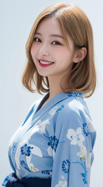 (Highest quality、8k、32K、masterpiece)、(RAW Photos)、(Realisticな)、(High resolution)、Very detailedな、Very beautiful face and eyes、One Girl、Round and small face、Delicate body、(close、Highest quality、Rich skin detail、Highest quality、8k)、Very detailed、(Realistic、Realistic:1.37)、Vibrant colors、(((Laughter)))、(((Blonde)))、(((Touch your chest with your right hand)))、(((smile)))、(((Bust Shot)))、(((White Background)))、((Medium Hair))、(((Pure white wall background)))、(((blonde)))、(((She is wearing a yukata with a pop design..)))、(((Brown and light blue yukata)))、(((Pure white wall background)))、