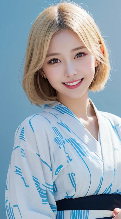 (Highest quality、8k、32K、masterpiece)、(RAW Photos)、(Realisticな)、(High resolution)、Very detailedな、Very beautiful face and eyes、One Girl、Round and small face、Delicate body、(close、Highest quality、Rich skin detail、Highest quality、8k)、Very detailed、(Realistic、Realistic:1.37)、Vibrant colors、(((Laughter)))、(((Blonde)))、(((Touch your chest with your right hand)))、(((smile)))、(((Bust Shot)))、(((White Background)))、((Medium Hair))、(((Pure white wall background)))、(((blonde)))、(((She is wearing a yukata with a pop design..)))、(((Brown and light blue yukata)))、(((Pure white wall background)))、