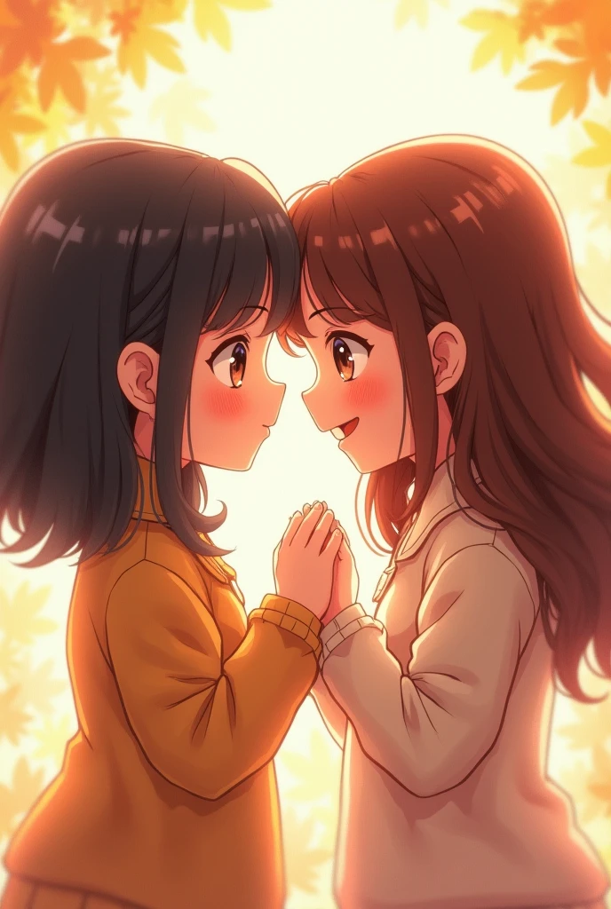 A brown-haired girl with wavy brown eyes is smiling at a black-haired girl with grey eyes and my beautiful (animated style)