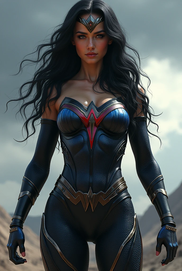(((Symbiote fused with Spiderman Wonder Woman ))),(((A beautiful woman with long black hair under the mantle of the Amazon warrior Wonder Woman))),(((Wonder Woman emblem on her chest))),(((Sky blue red corset ))),(((Long black boots up to her knees))),(((With Symbiote skin running all over his skin))) Black metal bracelets))),(((Simbionte Spiderman))),(((Wonder Woman emblem on her chest))),(((Symbiote fused with Spiderman Wonder Woman)))