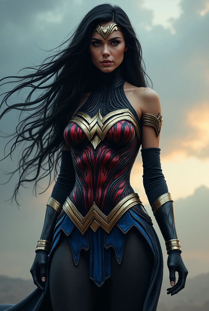 (((Symbiote fused with Spiderman Wonder Woman ))),(((A beautiful woman with long black hair under the mantle of the Amazon warrior Wonder Woman))),(((Wonder Woman emblem on her chest))),(((Sky blue red corset ))),(((Long black boots up to her knees))),(((With Symbiote skin running all over his skin))) Black metal bracelets))),(((Simbionte Spiderman))),(((Wonder Woman emblem on her chest))),(((Symbiote fused with Spiderman Wonder Woman)))