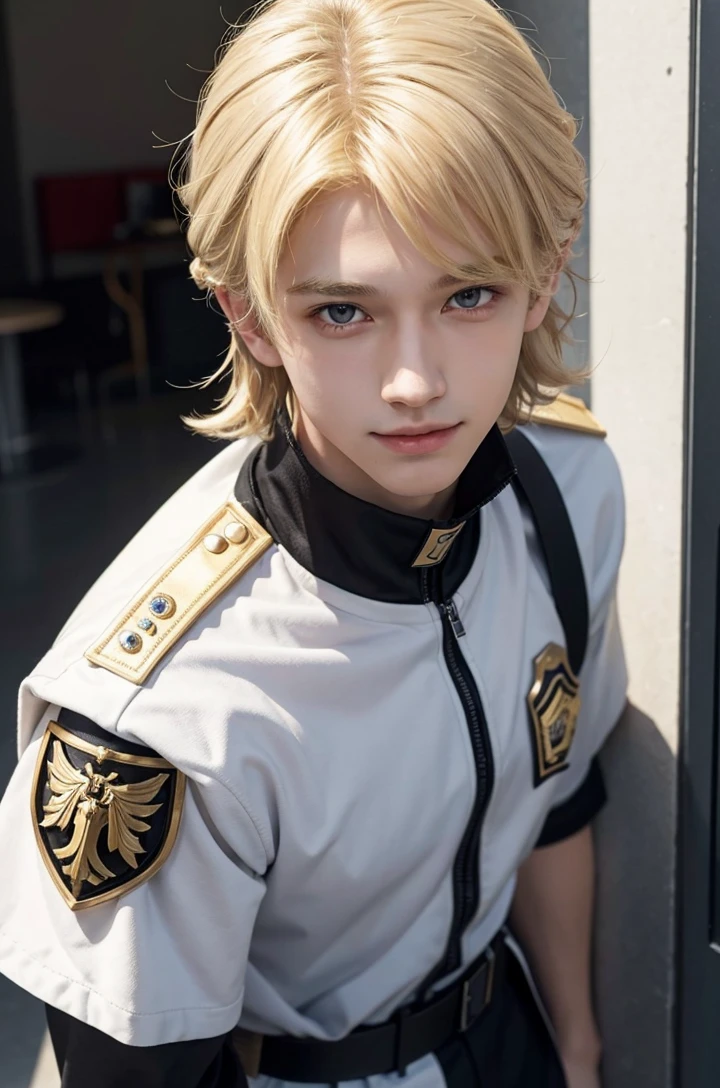 Male, boy, tall, security guard costume, funny pose, wiking, blind hair, shoulder lenght ling blond hair, hazel eyes, white skin, soft features, cute, striking, confident, laughing, face portrait