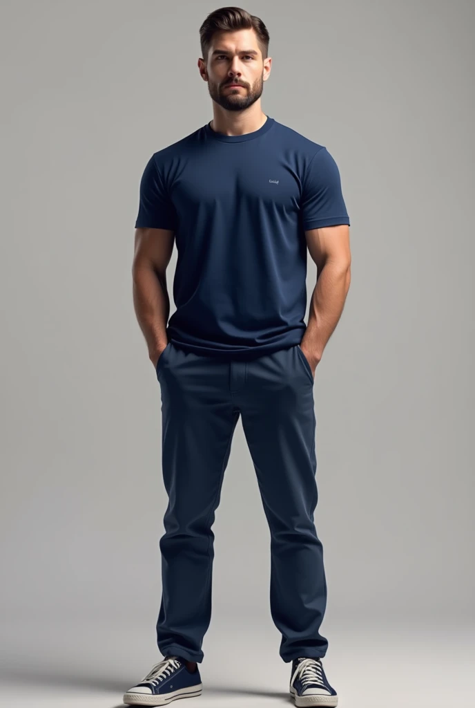 a man standing with a navy blue t-shirt mockup