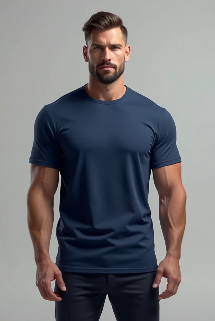 a man standing with a navy blue t-shirt mockup