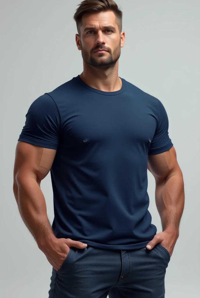 a man standing with a navy blue t-shirt mockup