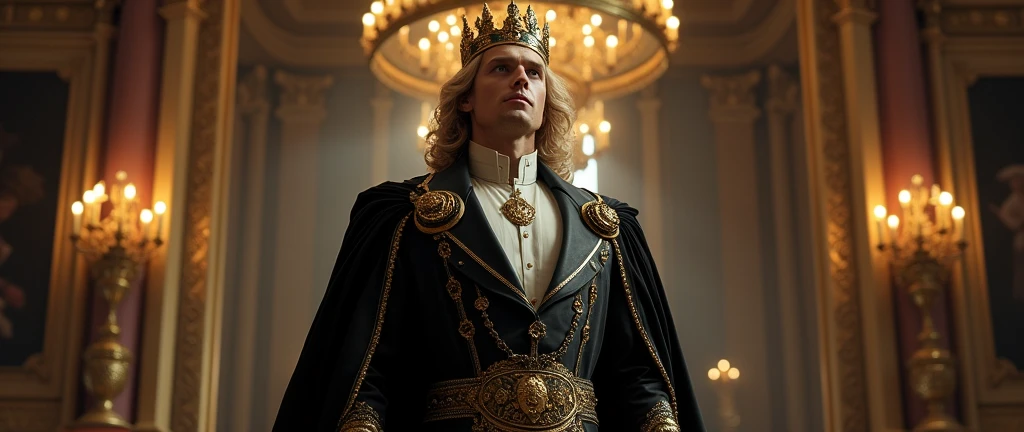A golden blonde man, with a golden crown on his head, greenish eyes, elegant black shoes, with a black king's suit and a black king's cape. He is very handsome with a marked jaw, half muscular. He looks up, in a Victorian palace. Maximum quality, Whole body