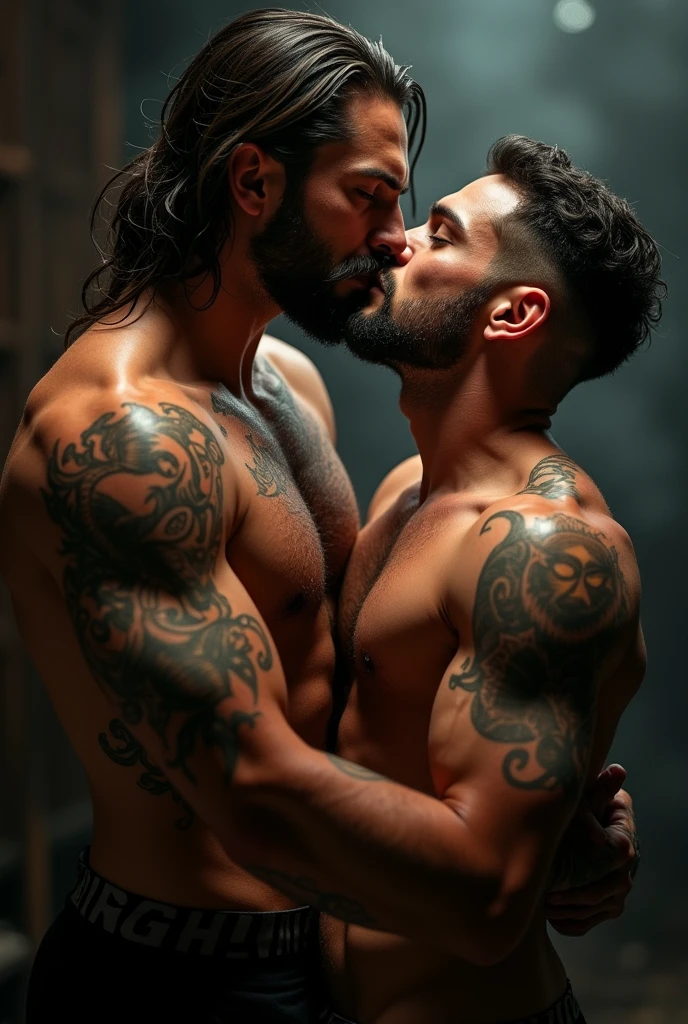 Passionate kiss between two men, one tattooed, long hair and bearded, the other man short hair, bearded and tattooed