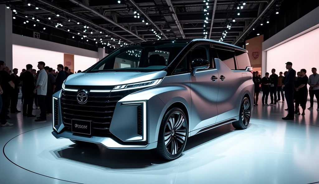 a luxury Toyota Hiace MPV Van mixed with tesla cybertruck, electric car, futuristic full LED design, in a showroom with a lots people