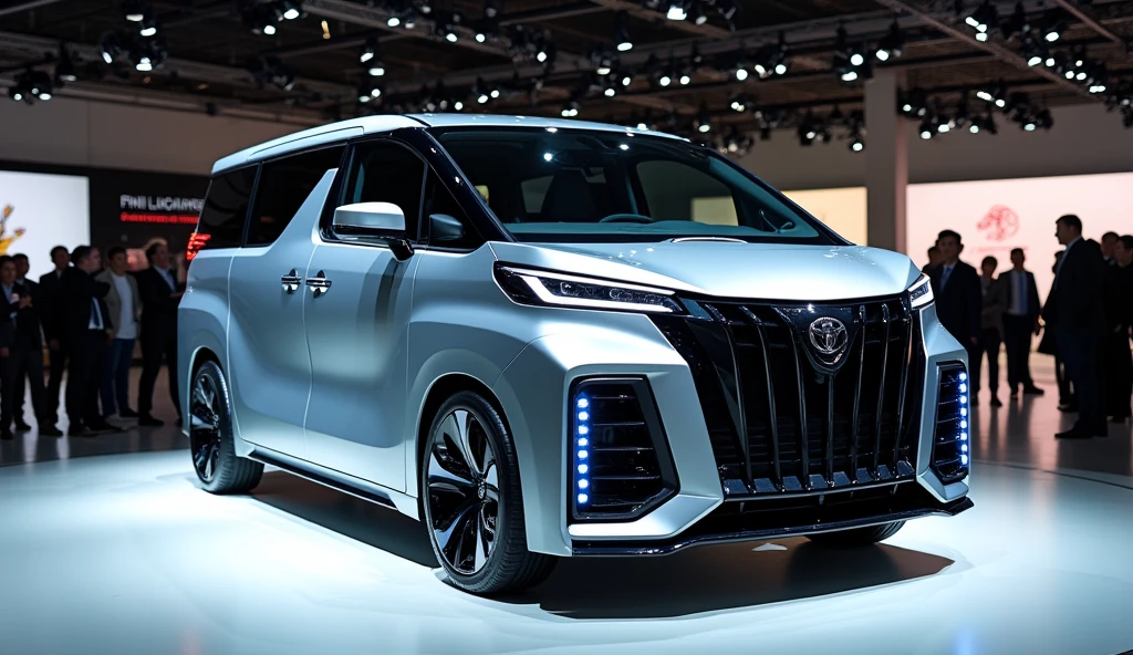 a luxury Toyota Hiace MPV Van mixed with tesla cybertruck, electric car, futuristic full LED design, in a showroom with a lots people