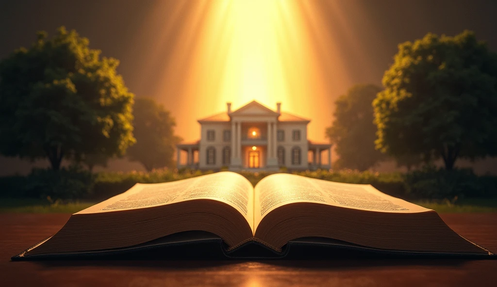 OPEN BIBLE OVER A HOUSE, WITH THE LIGHT OF THE BIBLE FALLING ON THE HOUSE, LIGHTING UP THE HOUSE, A LOT OF LIGHT ENTERING THE BILE AND LEAVING IT TOWARDS THE HOUSE, HOME PROTECTION...a big house, THE BILE IS BIGGER, BUT THE HOUSE IS PROPORTIONAL, OCCUPIES ALMOST HALF OF THE BLIBIA