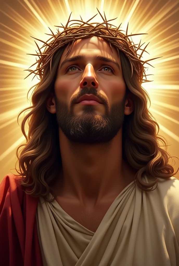 jesus (hyperrealisti), (illustration), (high resolution), (8k), (extremely detaild), (best illustration), you ( chainsaw man ), (beautiful detailed eyes), (best qualityer), (ultra detali) ultra realistic in 4k with a crown of thorns on the head, jesus Cristo, the lord and savior, portrait of jesus Cristo, jesus de Nazaré, brilliant light masterpiece, jesus, greg olsen, king of kings, beautiful image already created, Bright halo above your head, glorious light,!! jesus de frente para a imagem