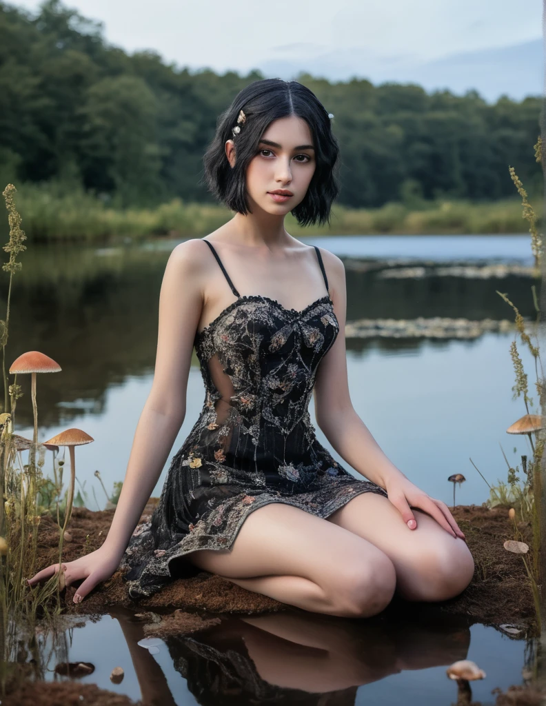 a girl with short straight angular black hair with gray streaks, brown eyes, small breasts, tight butt, perfect hands, wearing a mini dress, sitting diagonally to the camera in a gothic fantasy lake with flowers and small mushrooms, evening, bright, detailed skin texture, detailed fabric texture, detailed face, full body shot, complicated sharp details, ultra high resolution