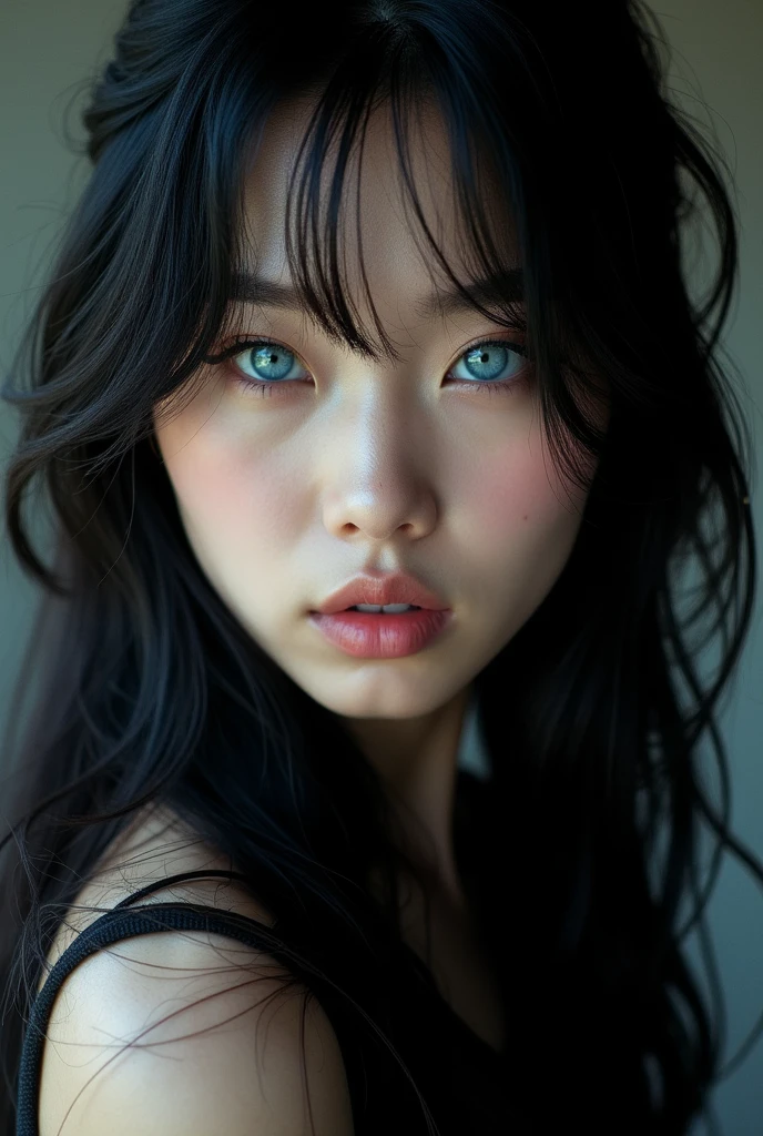Korean blue eyes, with angelic face, long black hair, with rock style, photo from realia