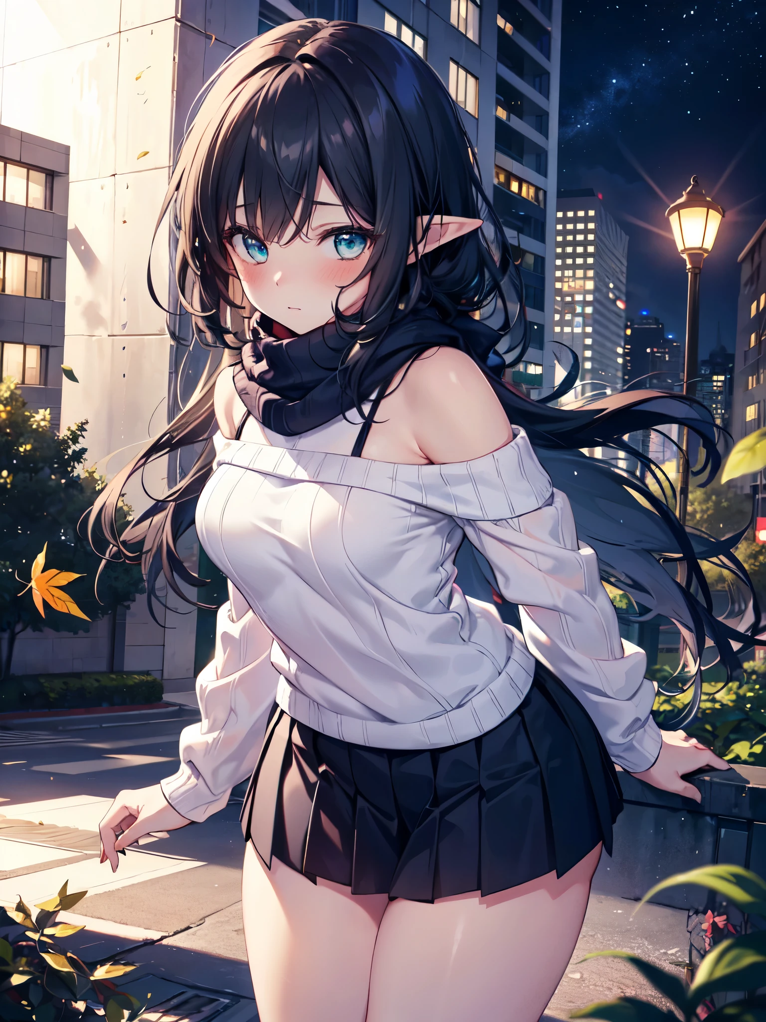 Realistic image, detailed and coherent image, 1 elf, turquoise eyes, black hair, very long hair, blushing, shy, She has a curvy body, medium breasts and thick thighs, She is wearing an off-shoulder sweater, with scarf, pleated mini skirt with embroidery, She is posing sensually, arching her back, leaves falling around, view from below, starry night, urban background, surrounded by buildings and people, soft focus, dramatic shadows, volumetric lighting, natural lighting, background of a park,