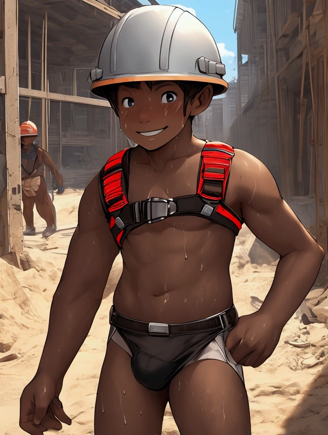 male, boy, young, (only harness, only jockstrap, only helmet,) smile, construction site, blush, sweating, realistic, Brown Skin, 