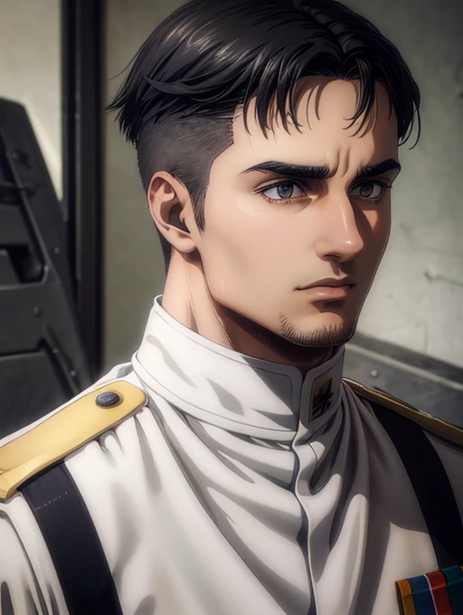 1 man, military hair black, gray eyes, White military uniform, quartel general, high resolution, Masterpiece artwork, super detaill, 