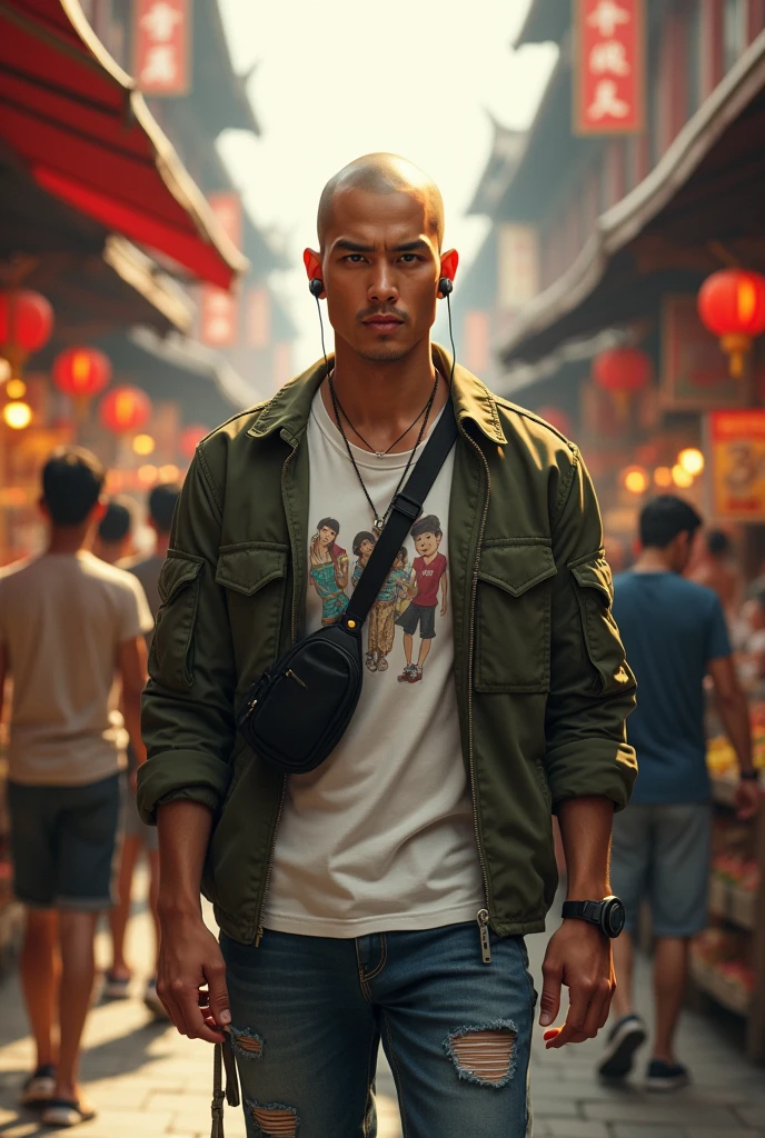 (photorealism:1.2), (lock the face). A very handsome Asian man(a little thin) bald hair 1cm, walking in a traditional market which is very crowded with people coming and going, wearing an army jacket and a white screen printed t-shirt with ripped jeans, sling bag, latest nike sneaker model, handsfree, warm colors, by Greg Rutkowski, by Alphonse Mucha