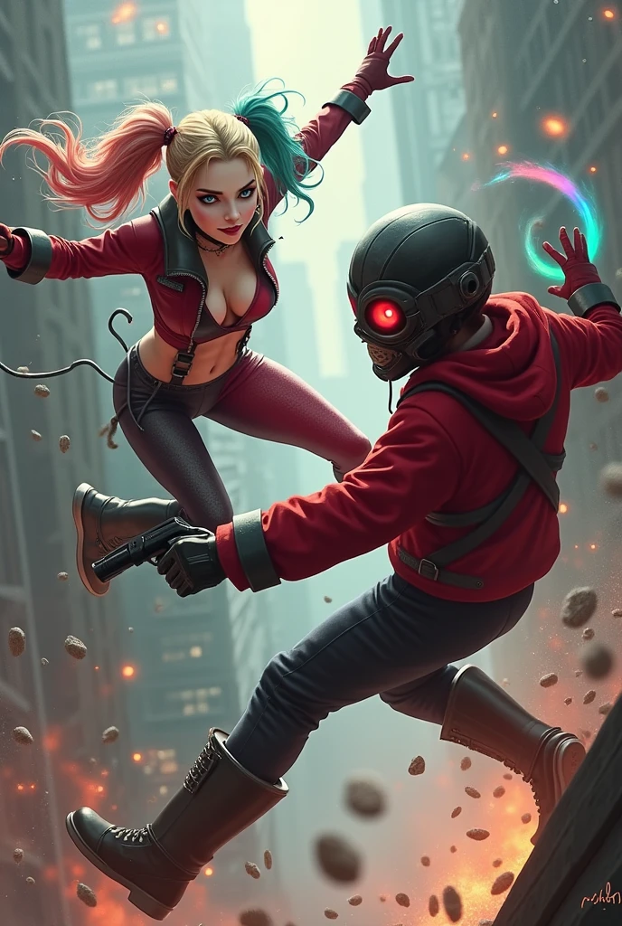 Harley quinn, realistic, big breasts, full body vs. Youg boy with red hoodie, headphones, Star-lord helmet, rocket boots, gas helmet, covered mouth, round red, eyes, front cover, Kid Star-lord with red hoodie, star-lord helmet, gas helmet, covered mouth, round red eyes, Red eyes, magic rings in the hands and rocket boots, Fighting, power, fiction, 2 persons, magic lasso, hight, fall, DJ, view of the city fro. above, flying in the sky, capa roja, fire under shoes, Space, Smoke, gun in hands.