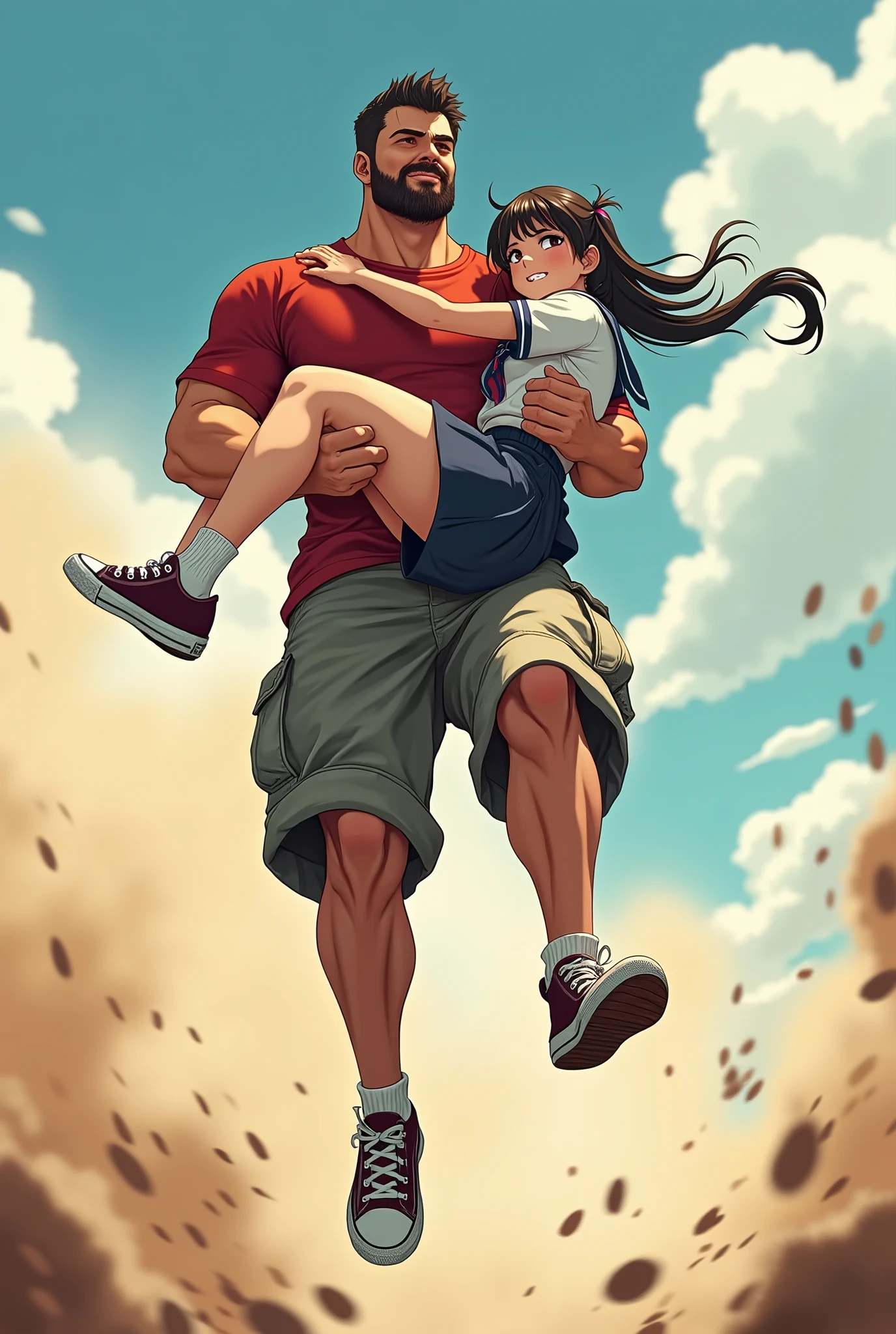 Muscular man wearing a shirt with long shorts Long loose shorts With pockets on the sides with converse sneakers red T-shirt and brown shorts Long short, Normal musculature With beard and baseball cap Realistic musculature. Carrying in his arms Short petite adult woman with long pigtails and school uniform Sailor uniform with short skirt While Jumping very high very fast kicking up dust anime style 2D He has normal musculature
