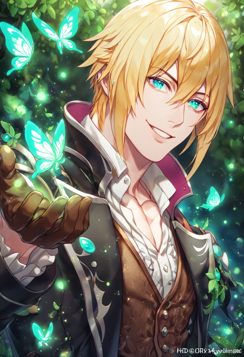 absurdres, highres, ultra detailed, HDR, master piece, best quality, extremely detailed, detailed eyes, Eizen, blonde hair, expressive turquoise eyes, Tales Of Beseria, solo, sexy man, sensual, handsome, smile, manly man, adult face, black coat, white shirt, dark brown vest, brown gloves, under a green tree, fantasy, magical, glittering fireflies, green butterflies, green flames, magic, green leaves