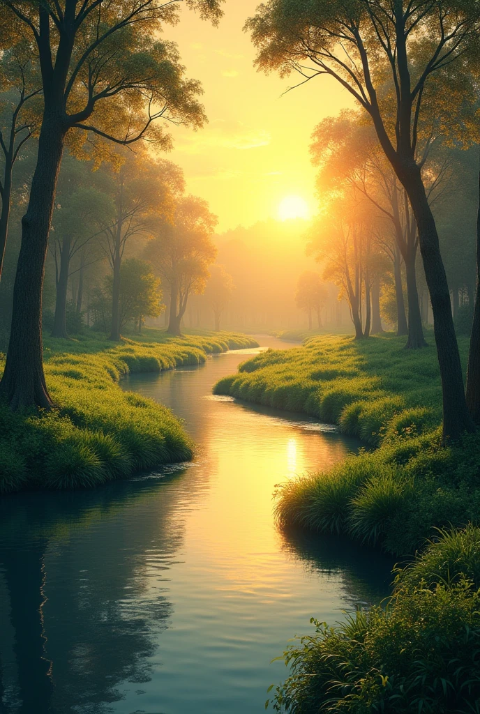 Create an image of a river with beautiful, green banks on a beautiful sunrise 
