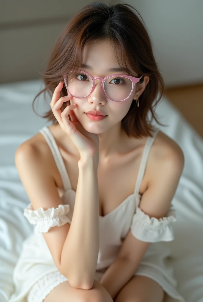 photo Realistic:1.2, 最high quality, 最high quality, Ultra-high resolution, RAW Photos, Realistic, Bright lighting, Face Light, Smooth Professional Lighting, Looking into the camera, alone, (Perfect body structure):2.0, Adult female, ((Japanese,)) (((Beautiful woman))), (((Super Beauty))), Realistic skin, Moisturized Skin, (Realistic eyes and faces):1.9, Perfect model body shape, Beautiful Eyes, Big eyes, Inconspicuous tear bags, slim, Big Breasts:1.3, very good, No makeup, Beautiful fingers, Very short hair, Brown Hair, Brown eyes, (Looks happy), (Both ears are covered by hair), Cowboy Shot), (Glasses with pink frames), (((Biomechanical))), (((White Dress, Frills, race))),(((white race panties))), (((Bedroom))), Sit on your knees on the bed:1.8, Spread your legs:1.9, masterpiece, masterpiece, Anatomically correct, Attention to detail, high quality