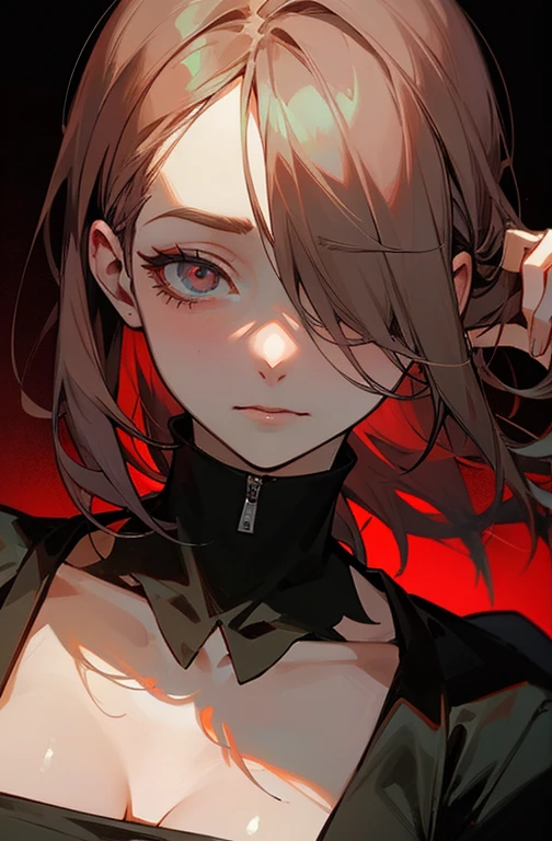 Cool women、sexy、Center of chest、Reze from Chainsaw Man、beauty、Yandere、、Face close-up、((Hair covering one eye)).