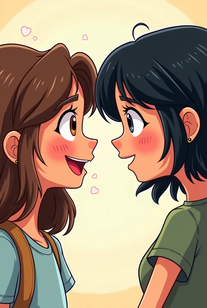 A brown-haired girl with wavy brown eyes is smiling at a black-haired girl with grey eyes and my beautiful (comic style)