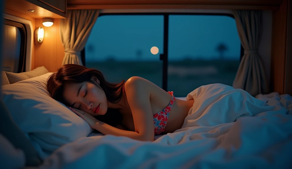 pretty asian girl, bikini, sleeping in the camper van, night, no light