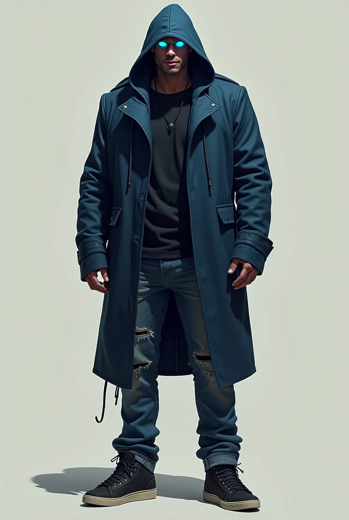 Height and Structure: Vance has a tall stature and a relaxed posture., with a posture that conveys a feeling of indifference.
badass clothing: He wears a dark blue hooded coat, Ripped jeans and sneakers. His eyes are a bright blue that glow when he is using his powers..
Face: His face is usually covered by an unassuming smile, and he has a skull with a calm expression, similar ao de Sans.