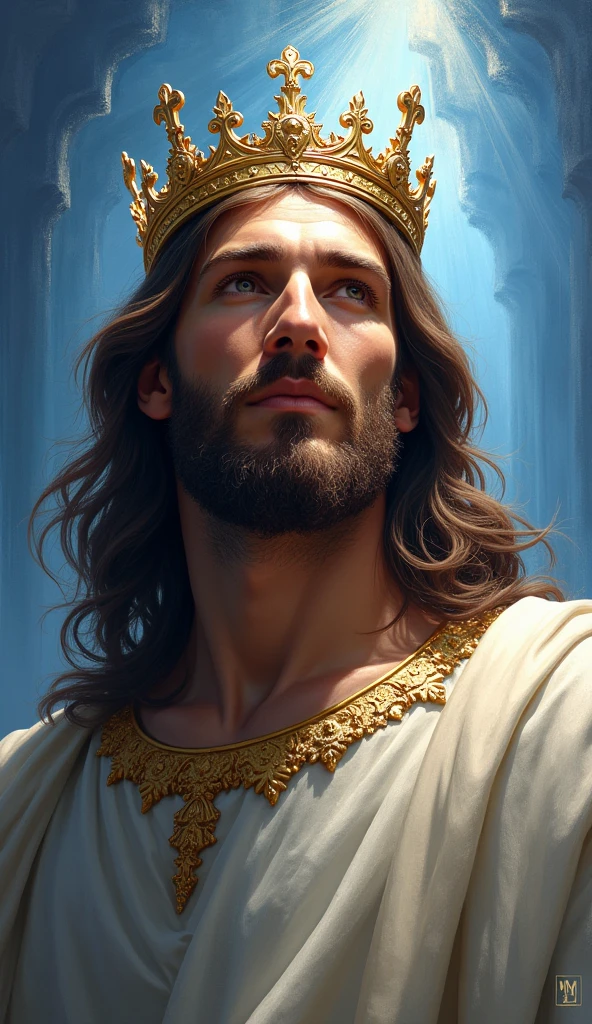 Jesus with a king's crown on his head, JesusChrist, the lord and savior, portrait of JesusChrist, Jesus of Nazareth, brilliant light masterpiece, jesus, greg olsen, king of kings, beautiful image already created, image background a kingdom of beautiful, blue and silver colors, sua mente contemplando a eternidade, glorious light,!! with a serene look and a slight smile!