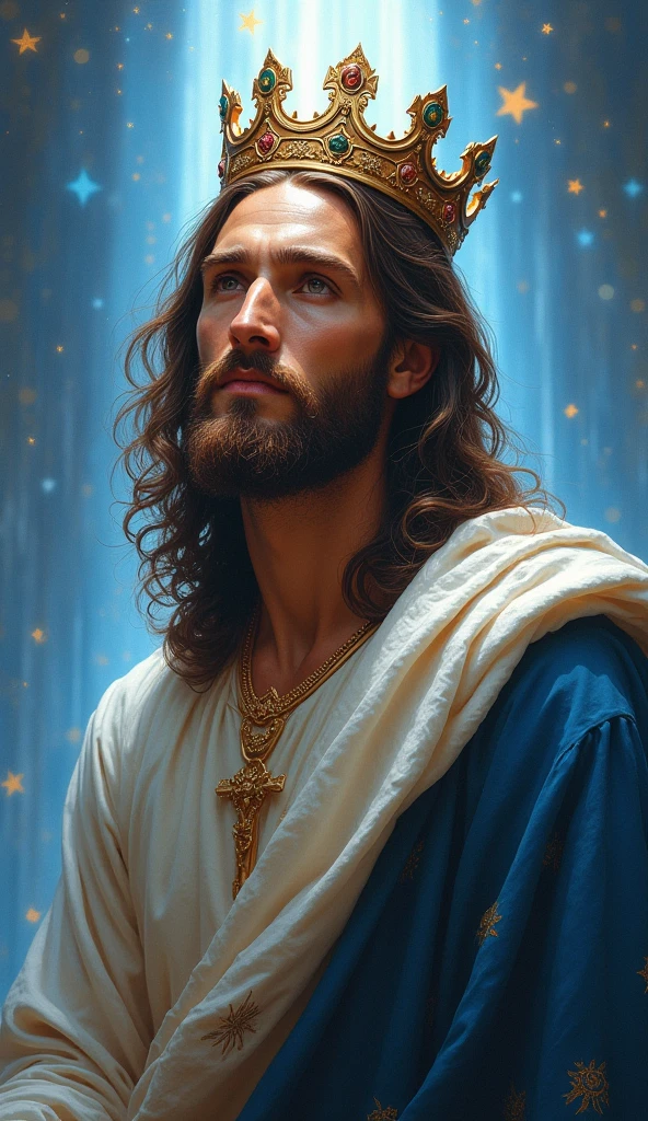 Jesus with a king's crown on his head, JesusChrist, the lord and savior, portrait of JesusChrist, Jesus of Nazareth, brilliant light masterpiece, jesus, greg olsen, king of kings, beautiful image already created, image background a kingdom of beautiful, blue and silver colors, sua mente contemplando a eternidade, glorious light,!! with a serene look and a slight smile!